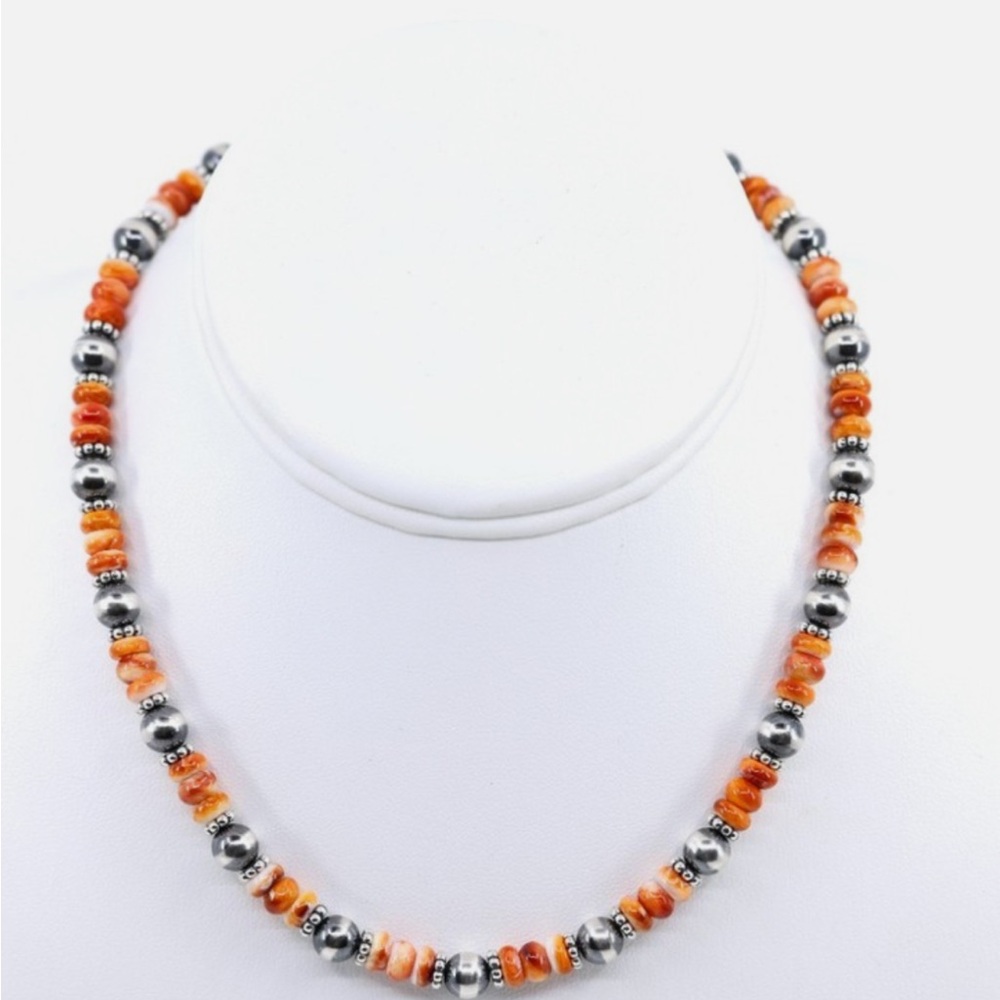 Orange Spiny and Navajo pearl necklace